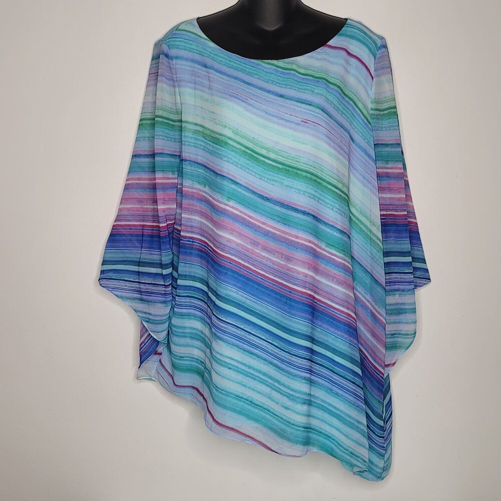 CHICO'S Womens 2 Large Asymmetrical Drama Top Blouse Watercolor Blue Purple NEW